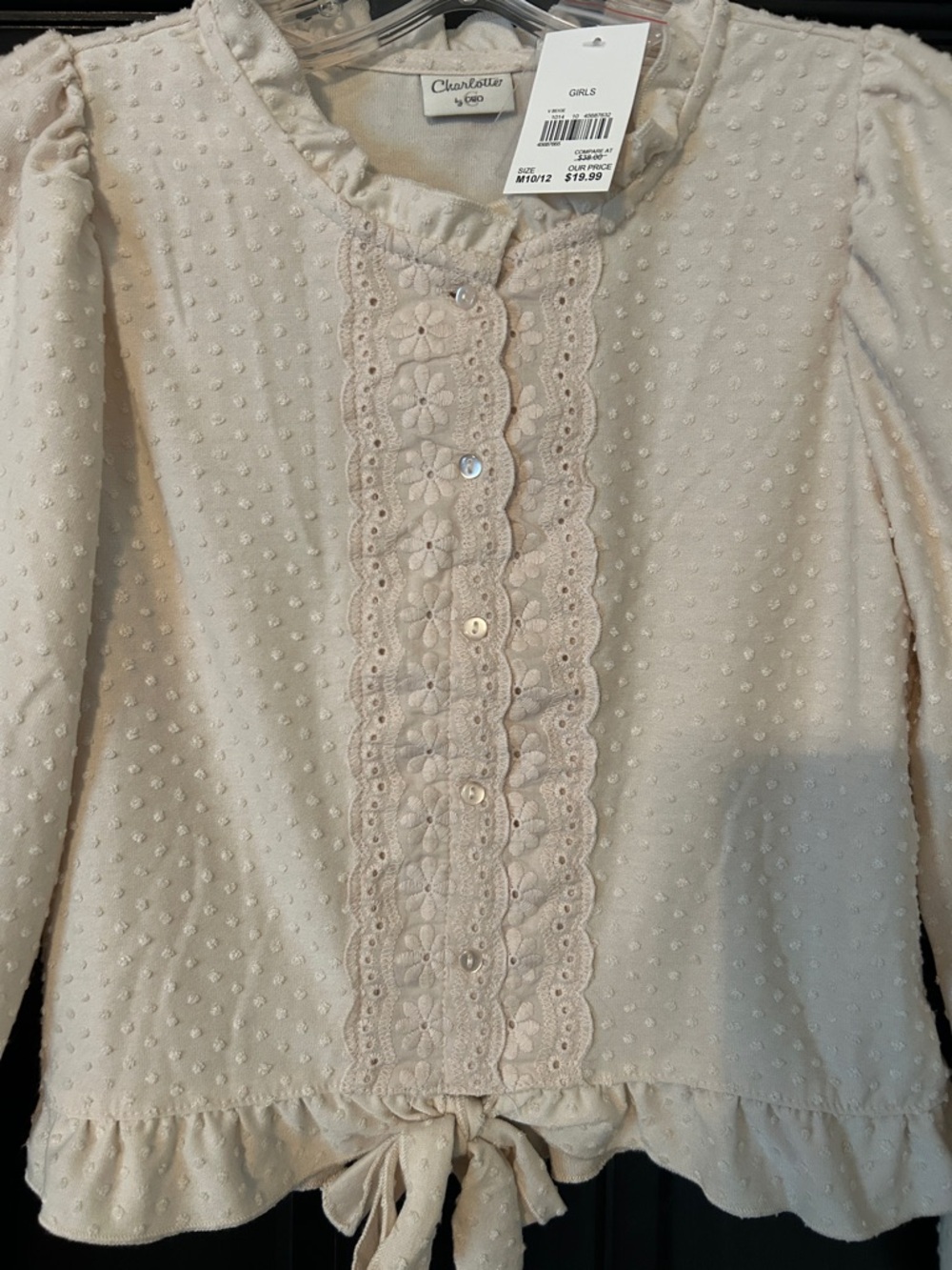 Cato Cream Textured Swiss-Dot Lace Tie-Front Blouse